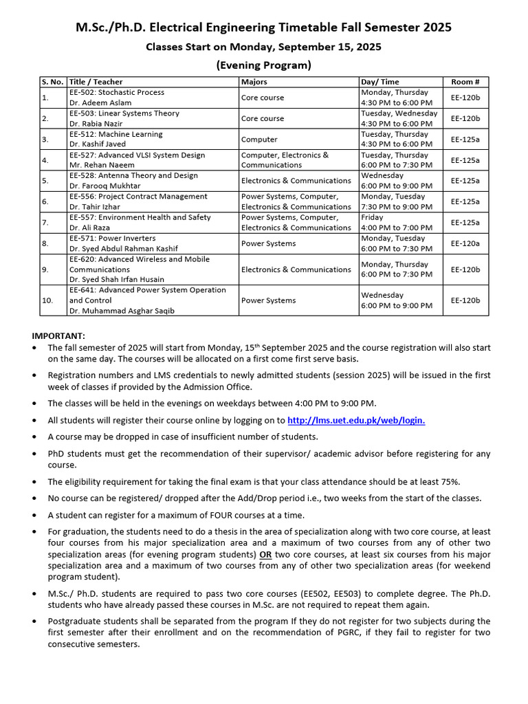 Fall 2025 Electrical Engineering Timetable | PDF | Doctor Of Philosophy ...