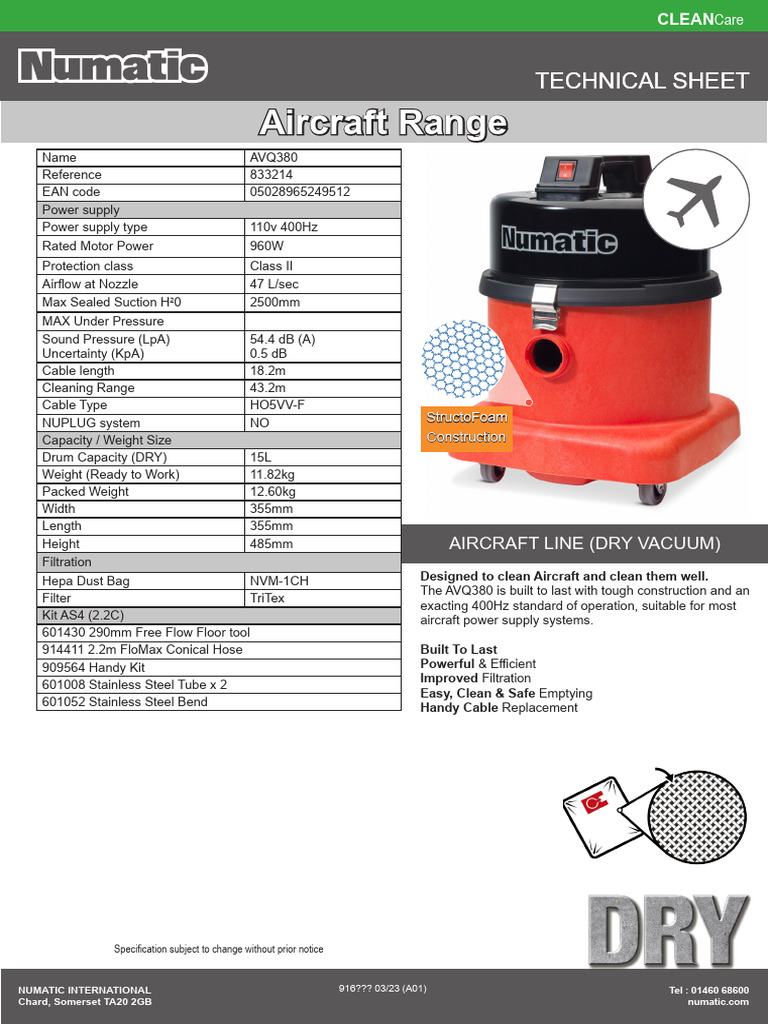 916533-AVQ2380-Data-Sheet (1) | PDF | Vacuum Cleaner | Equipment