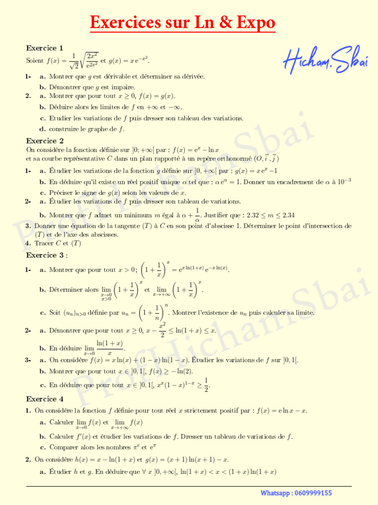 Exercices sur les fonctions Ln et Expo | PDF | Limite (mathématiques ...