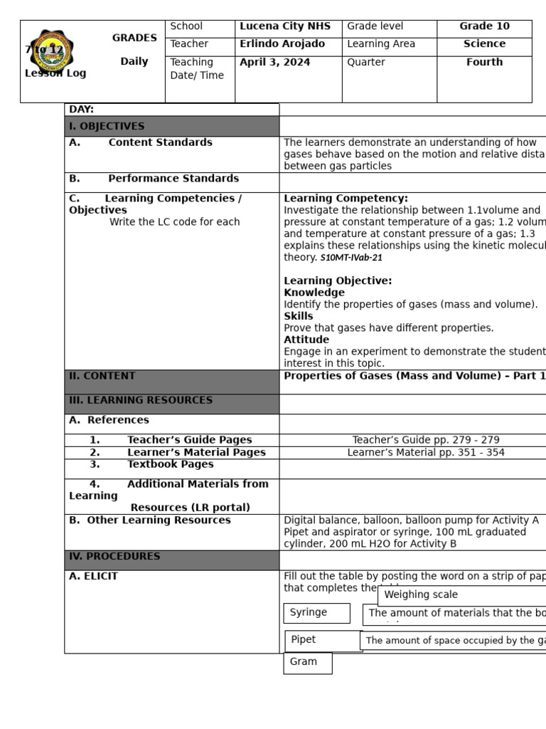 Grade 10 Science Lesson on Gas Properties | PDF | Gases | Physical ...
