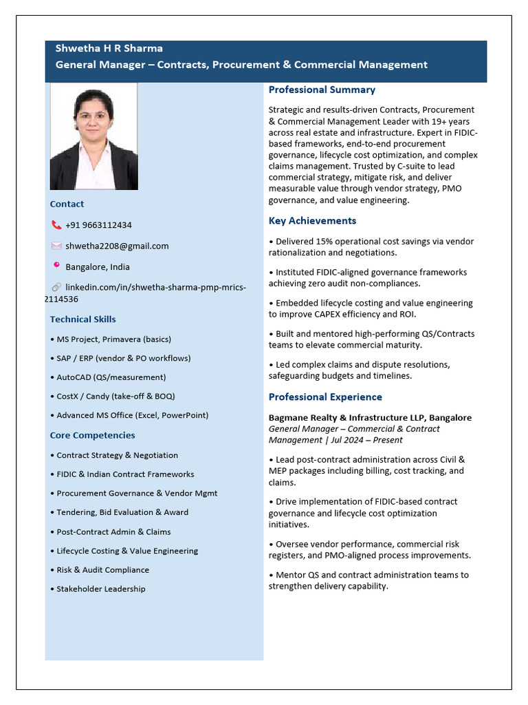 Shwetha Sharma - Head Commercial & Contract | PDF | Governance | Business