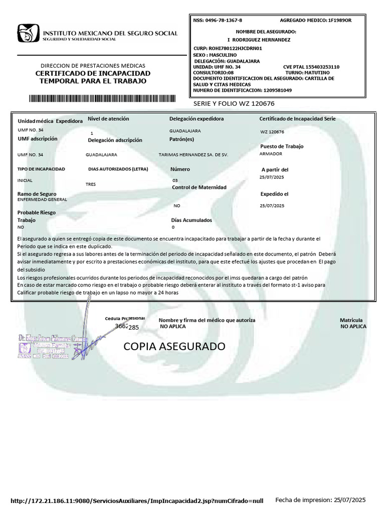 Certificado de Incapacidad Temporal | PDF