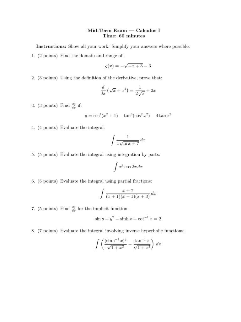 Calculus I Mid-Term Exam Questions | PDF