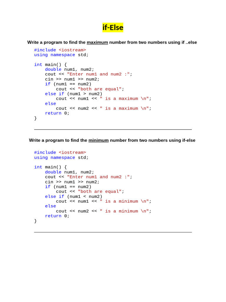 C++ If-Else and Loop Programs | PDF | Namespace | Naming Conventions