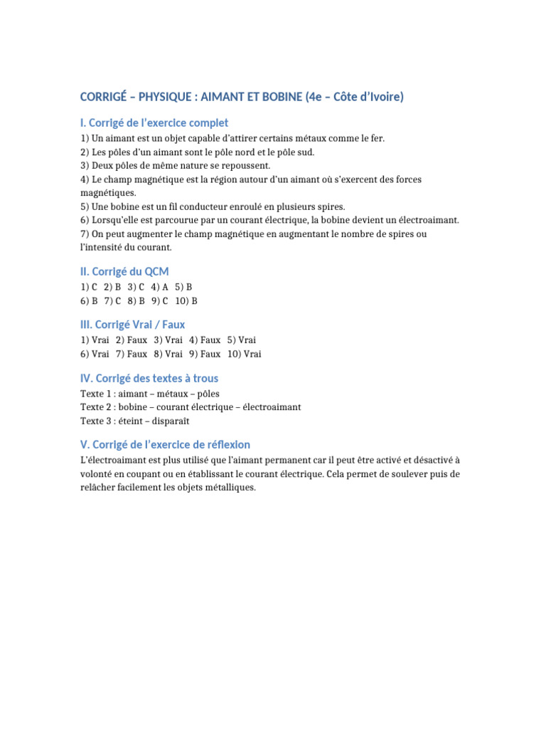 Corrigé sur Aimants et Bobines en Physique PDF — free download