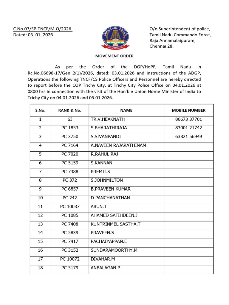 Tamil Nadu Police Movement Order 2026 | PDF