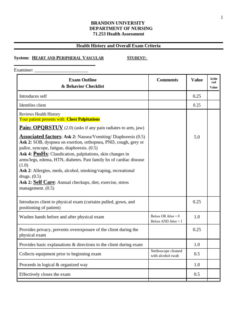 Health Assessment Exam Criteria Guide | PDF | Pulse | Physical Examination