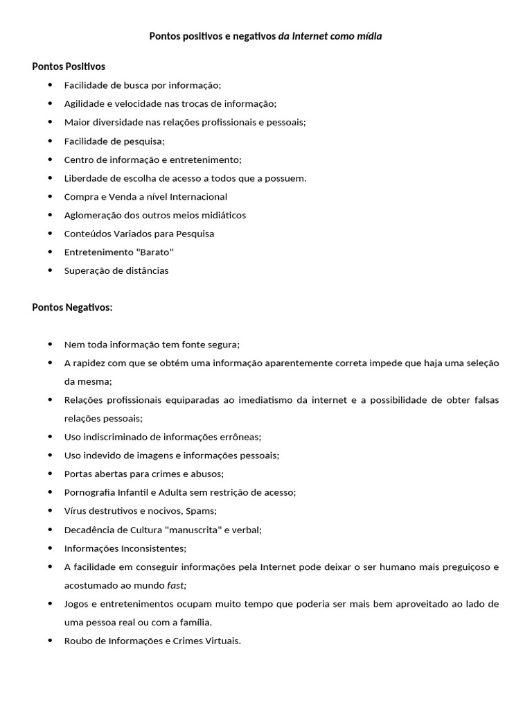 Prós e Contras da Internet como Mídia | PDF