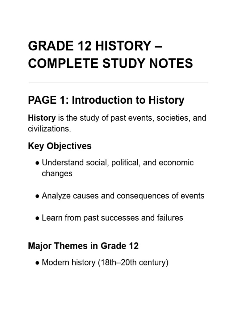 Grade 12 History Study Notes Guide | PDF