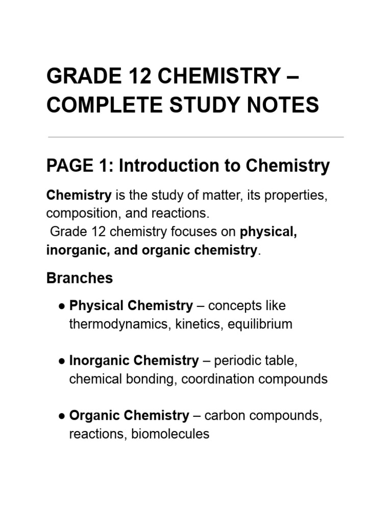Grade 12 Chemistry Study Notes | PDF | Chemistry | Chemical Bond