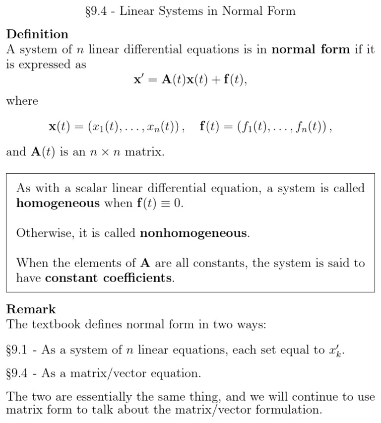 Math 54 - Section 9.4 - Linear Systems in Normal Form | PDF | System Of ...