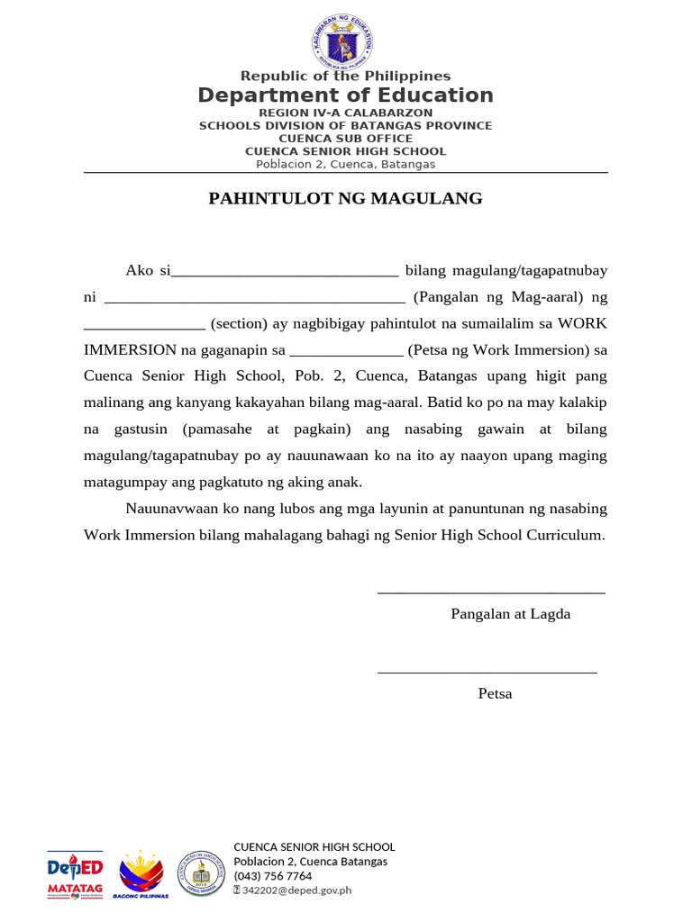Cuenca Senior High School Work Immersion Consent | PDF