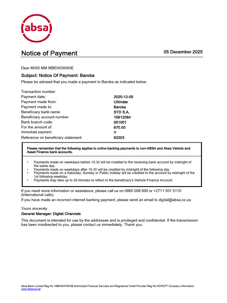Absa Payment Notice for Baroka Transaction | PDF