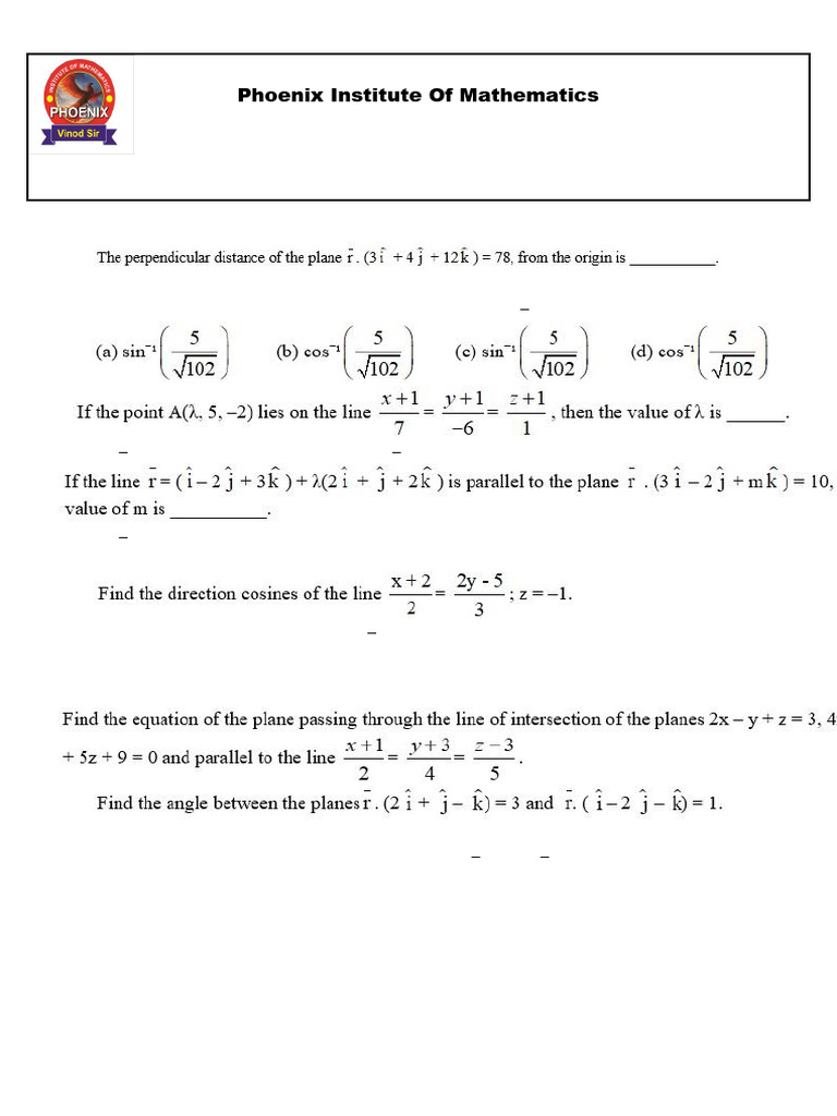 12th Grade Math Weekly Test: Lines & Planes | PDF