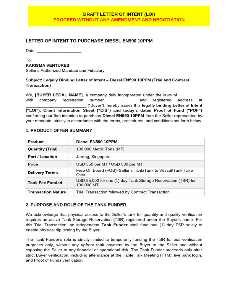 Letter of Intent for Diesel EN590 Purchase | PDF