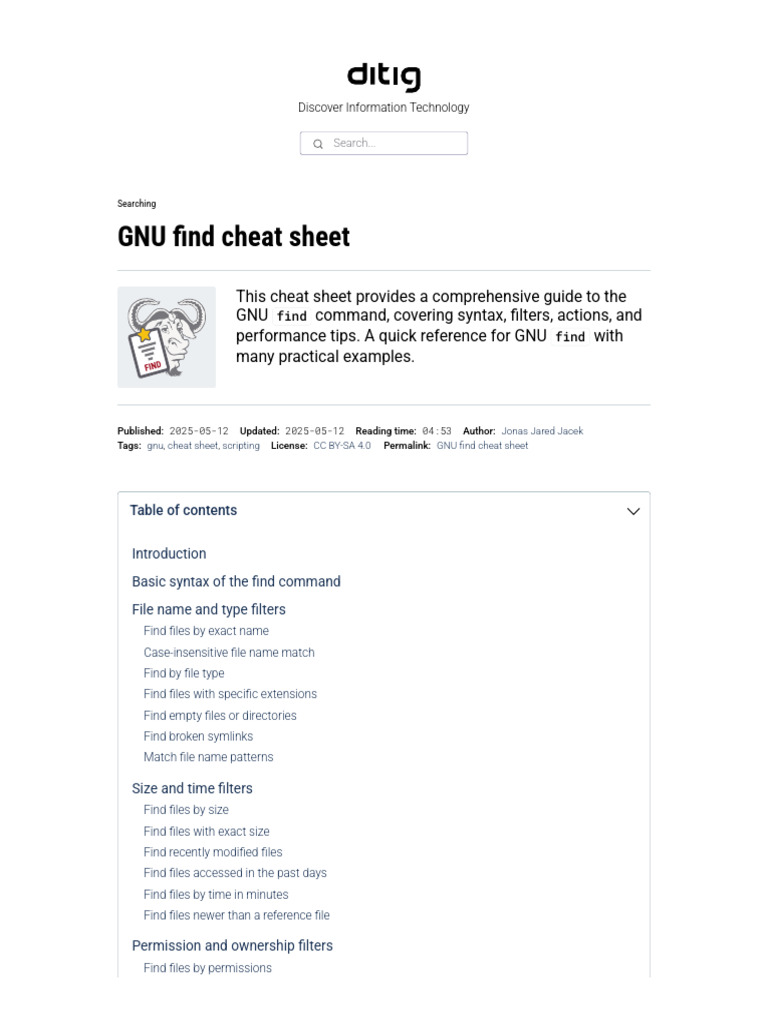 GNU Find Command Cheat Sheet | PDF | Regular Expression | Computing
