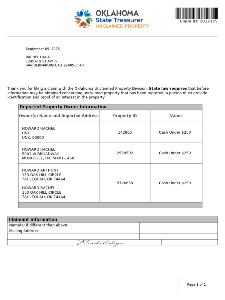Oklahoma Unclaimed Property Claim Guide | PDF | Identity Document ...