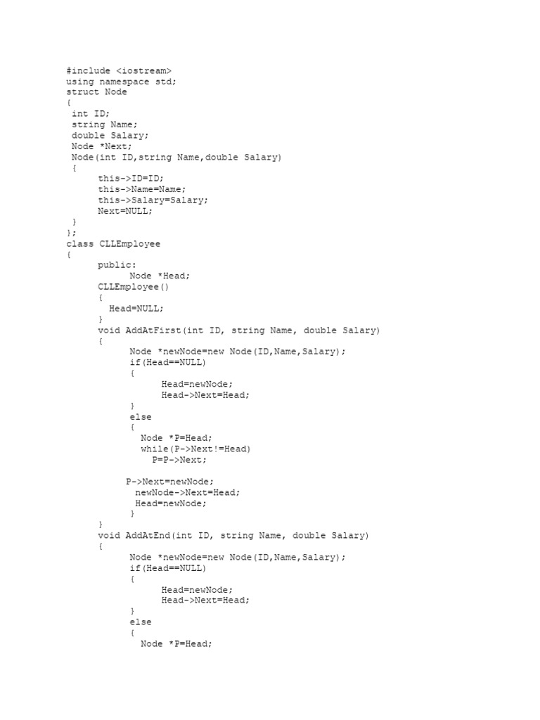 Circular Linked List Employee Management | PDF | Computer Programming | C++