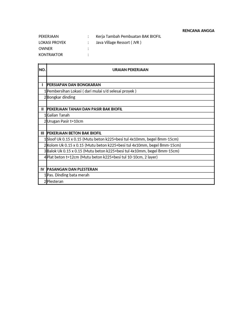 Rencana Anggaran Biaya Pembuatan BAK Biofil | PDF