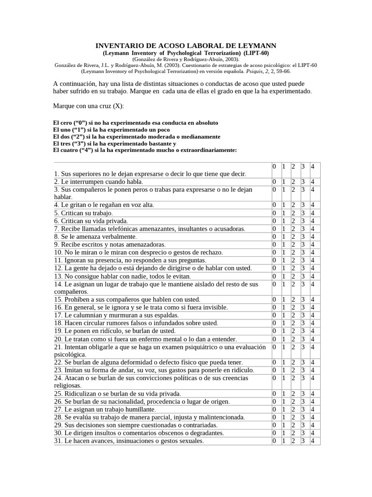 Cuestionario LIPT-60 de Acoso Laboral | PDF