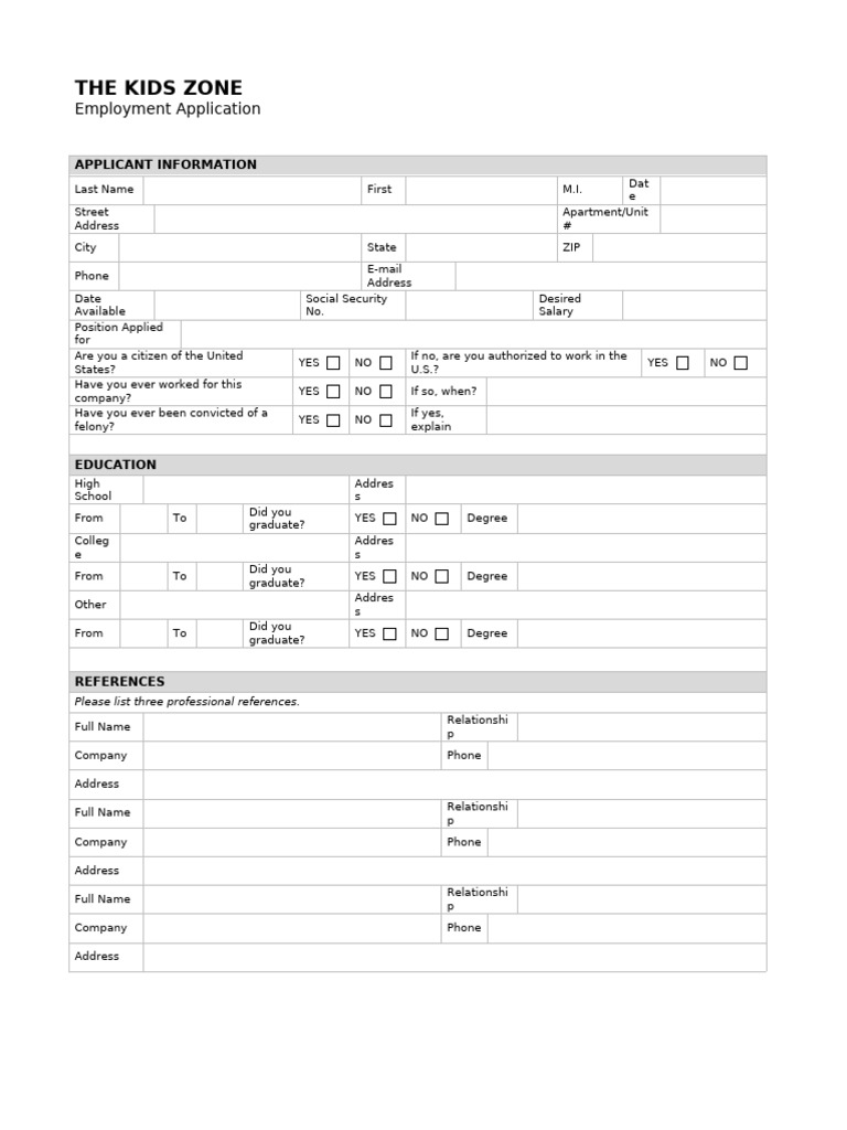 Kids Zone Employment Application Form | PDF