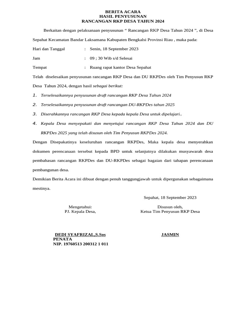 Rancangan RKP Desa 2024 Sepahat | PDF