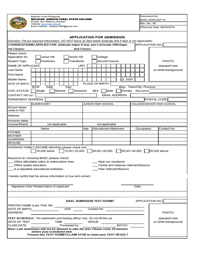 BASC Admission Application Form | PDF