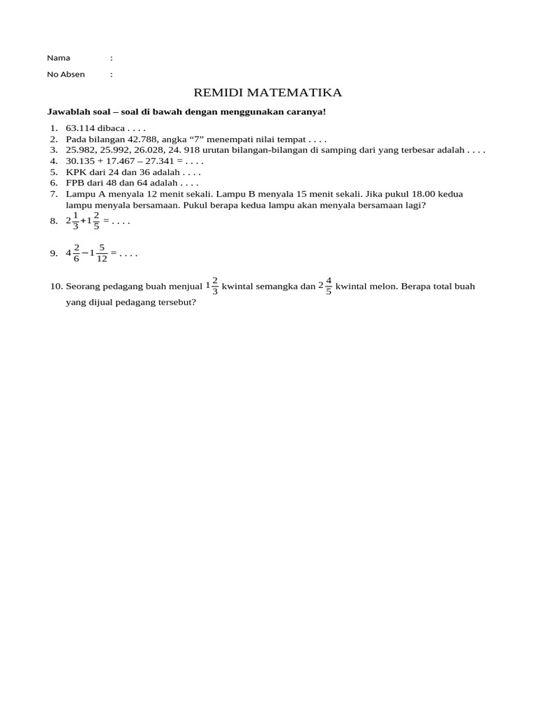 Soal Remidi Matematika Kelas Dasar | PDF