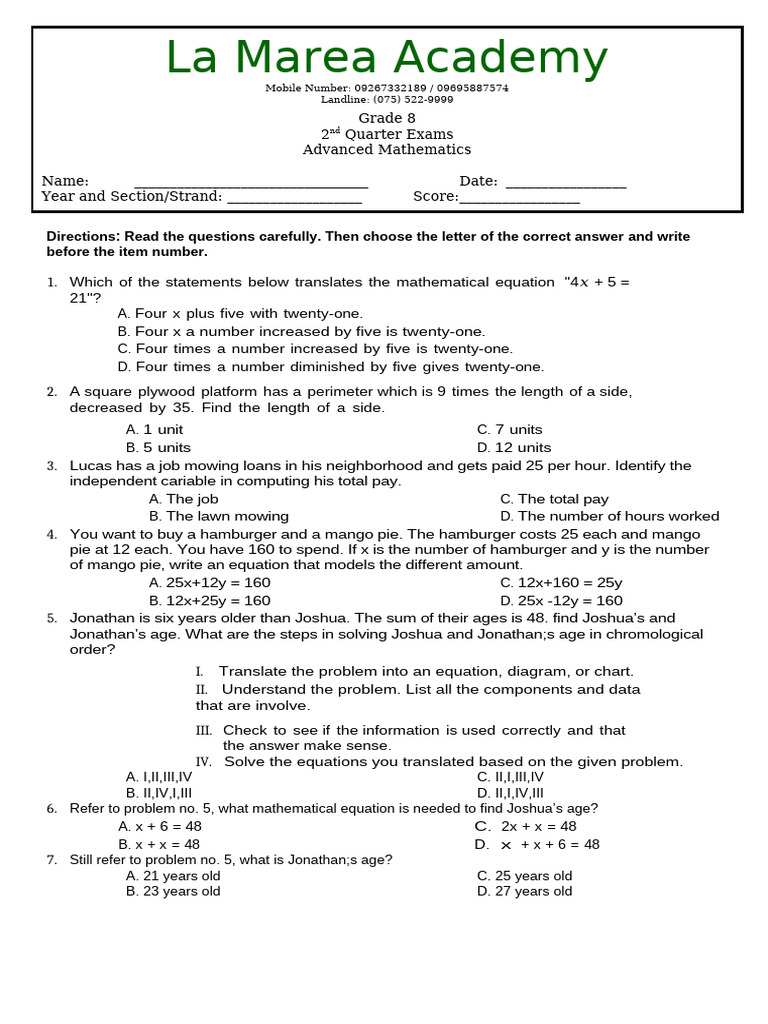 Grade 8 Advanced Math Exam Questions | PDF | Equations | Mathematics