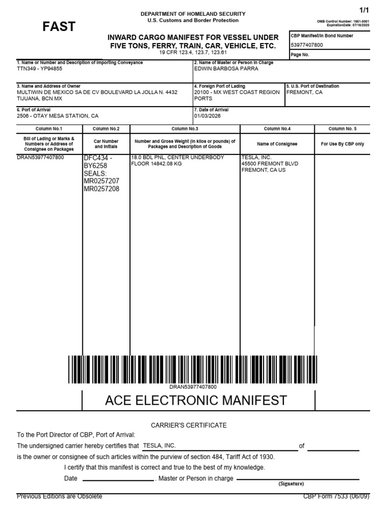 Import Manifest for Tesla Shipment | PDF | U.S. Customs And Border ...