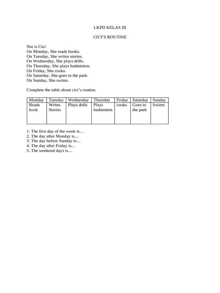 Cici's Weekly Routine Activities | PDF