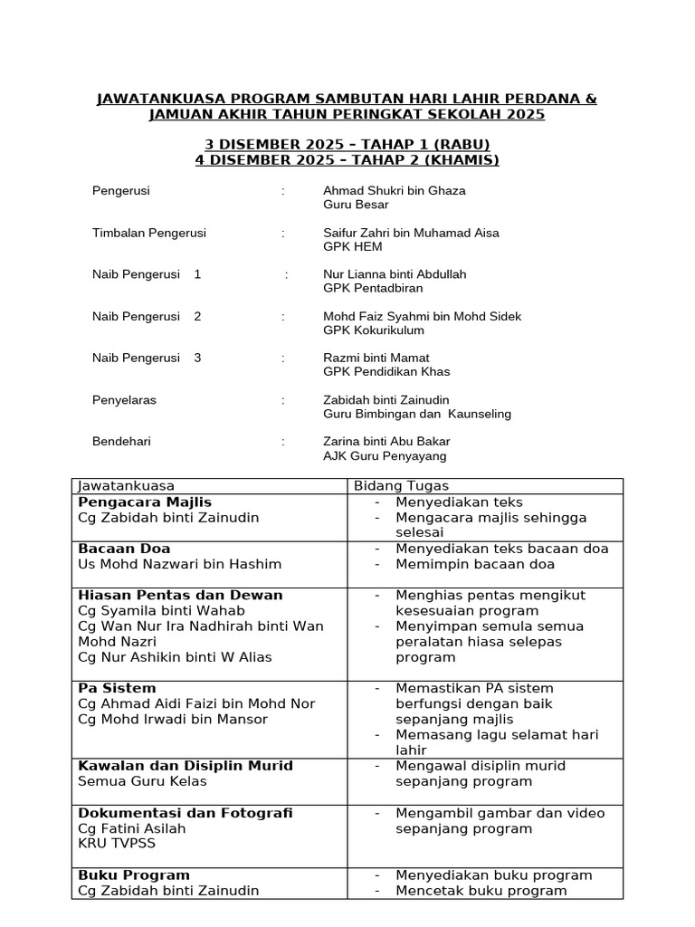 Program Sambutan Hari Lahir Sekolah 2025 | PDF