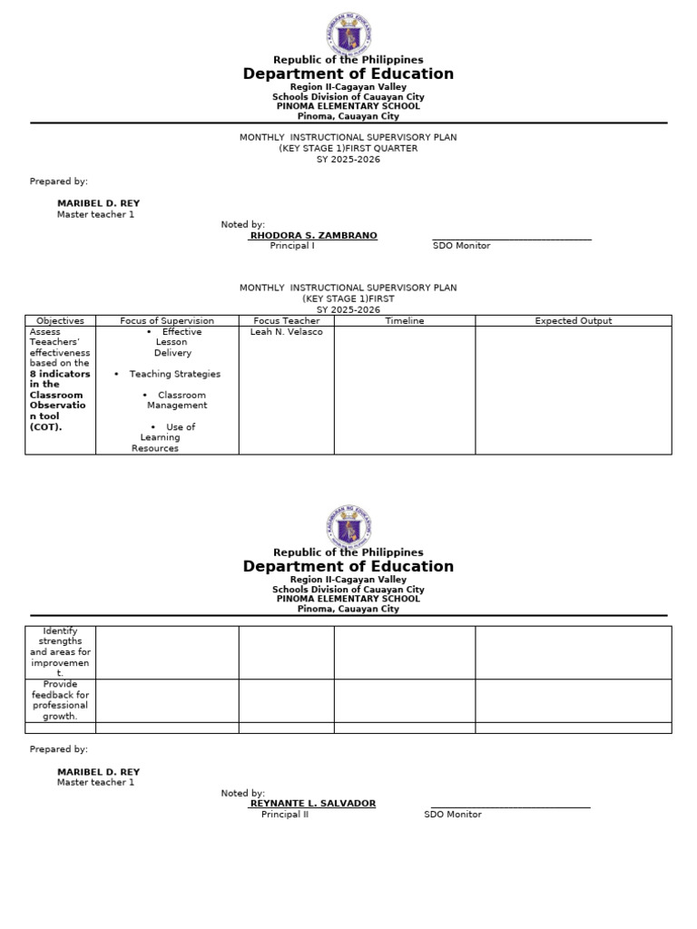 Monthly Supervisory Plan for Key Stage 1 | PDF | Teachers | Mentorship