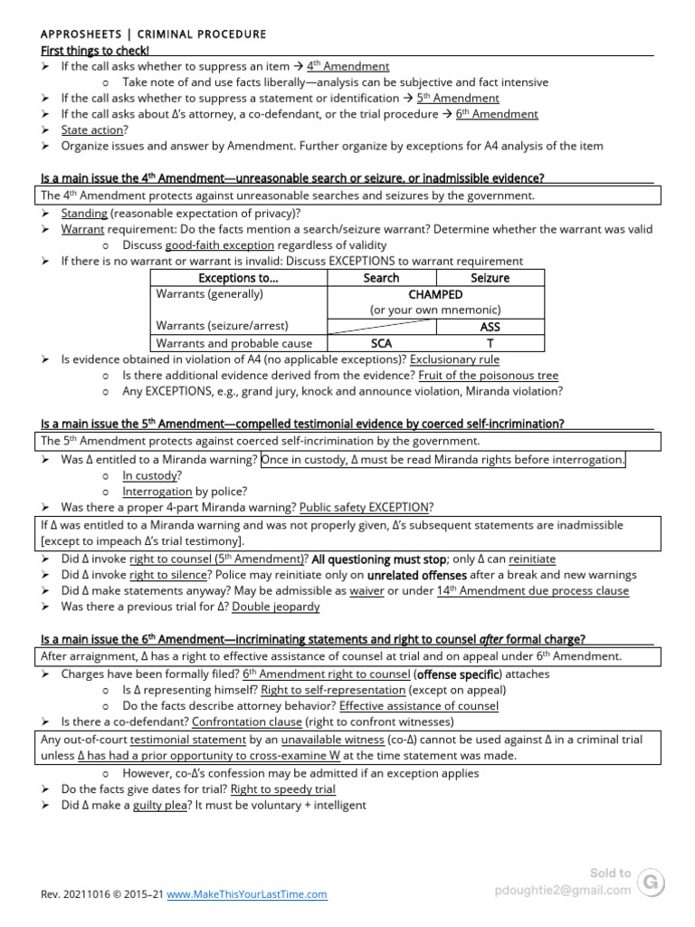 Criminal Procedure Cheat Sheet | PDF | Miranda Warning | Search And Seizure