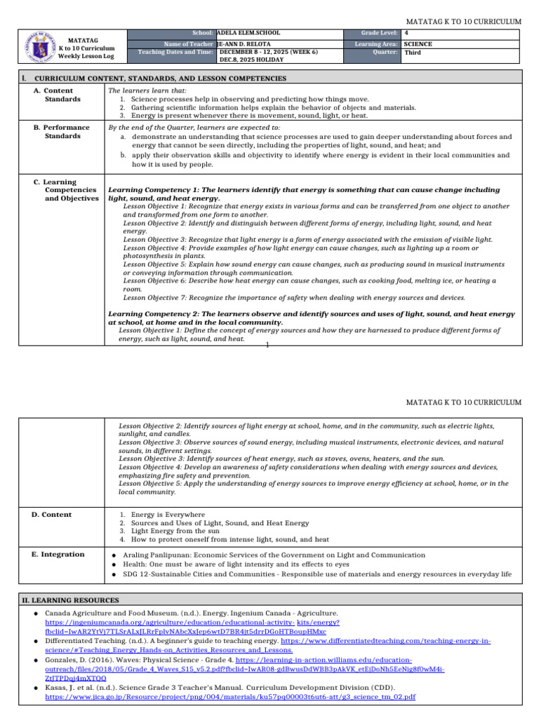 K-10 Science Curriculum: Energy Concepts | PDF | Learning | Light