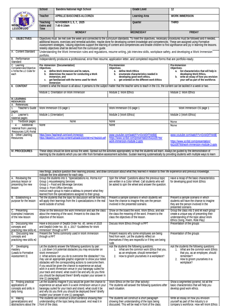 Weekly Work Immersion Lesson Plan | PDF | Learning | Teachers