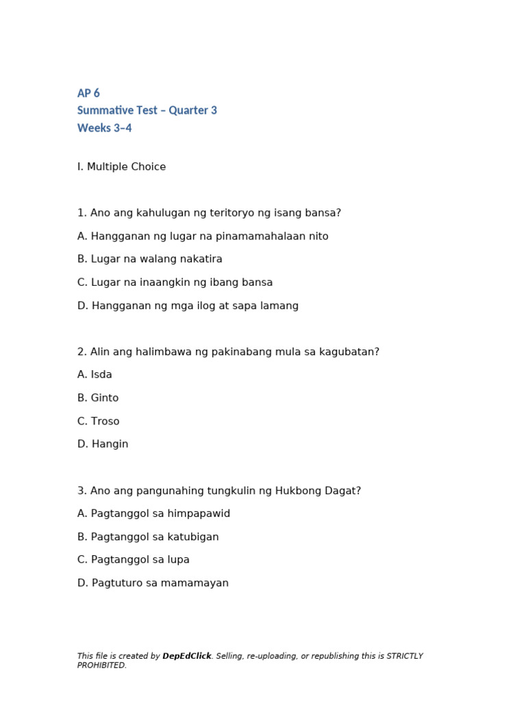 AP6 Summative Test Q3 W3 W4 | PDF