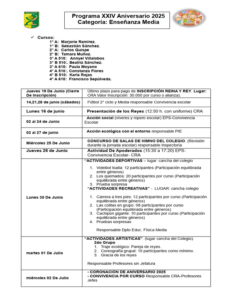 Programa Aniversario Escolar 2025 | PDF | Deportes | Juegos de ...