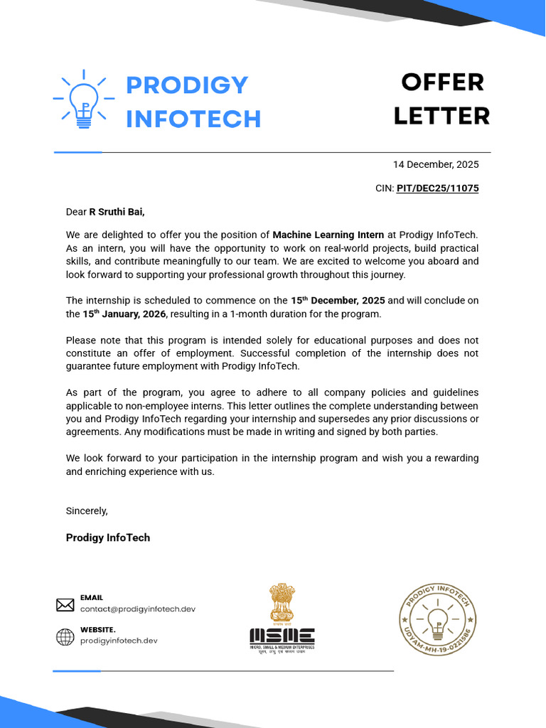 Machine Learning Internship Offer Letter | PDF