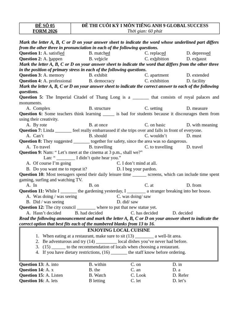 English Exam Paper for Grade 9 Students | PDF | Toronto | Hanoi