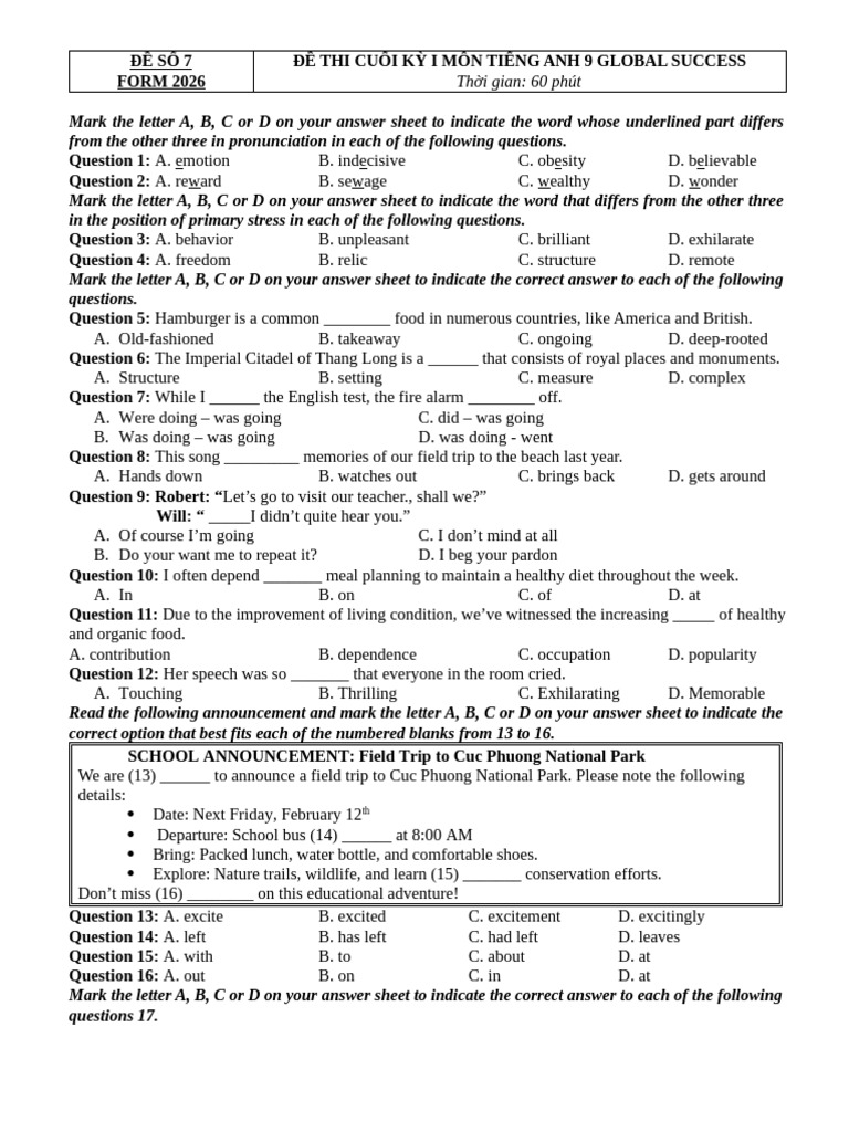 English Exam Paper for Grade 9 Students | PDF