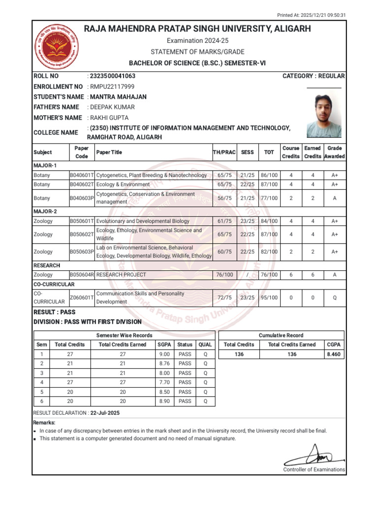 B.Sc. Semester VI Marks Statement 2024-25 | PDF | Zoology | Biology