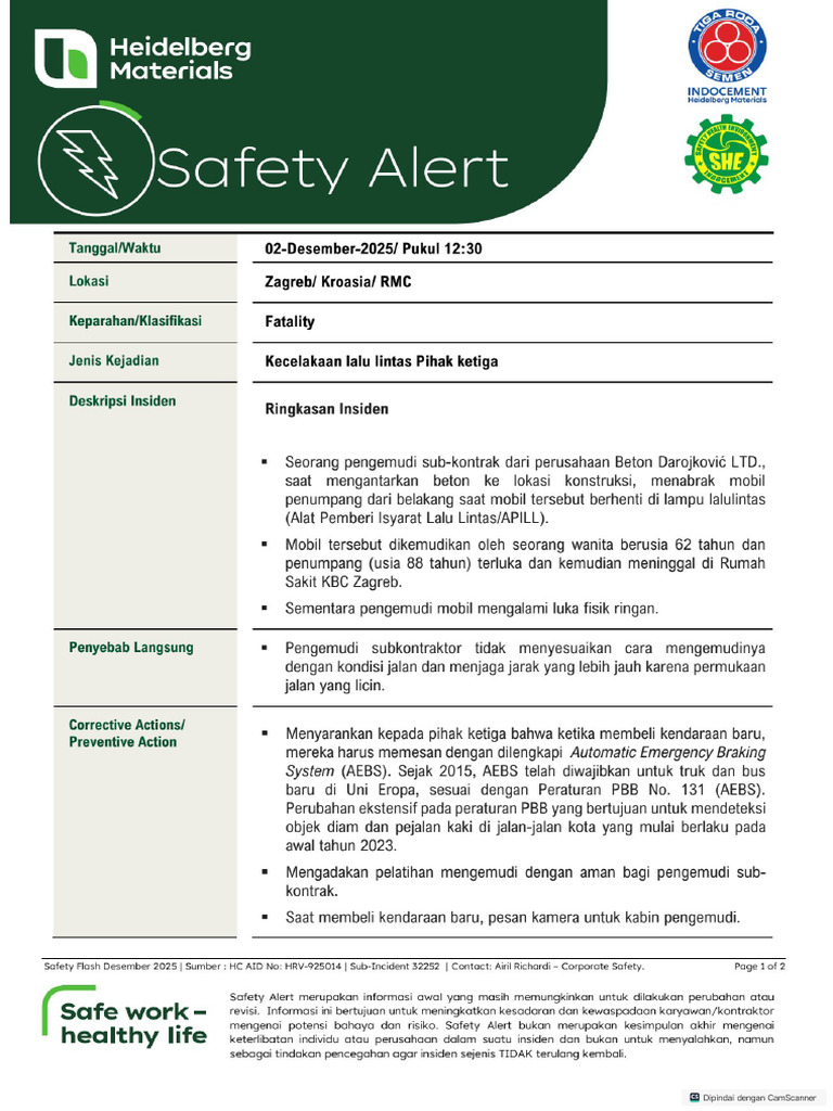 Safety Flash Fatality Traffic RMC Kroasia | PDF
