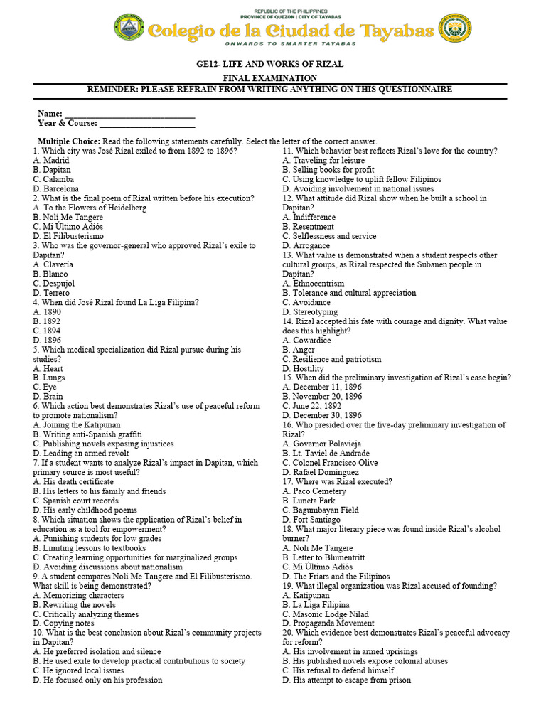 José Rizal: Exam Questions & Insights | PDF