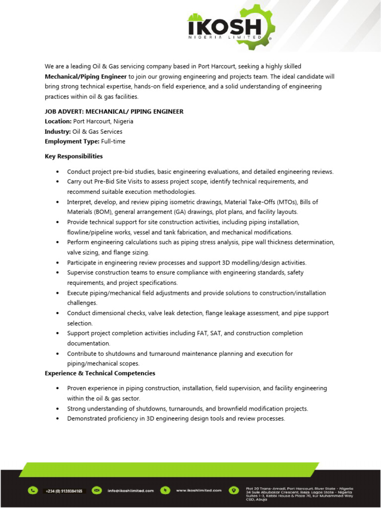 Mechanical and Piping Engineer Job Advert | PDF | Engineering | Engineer