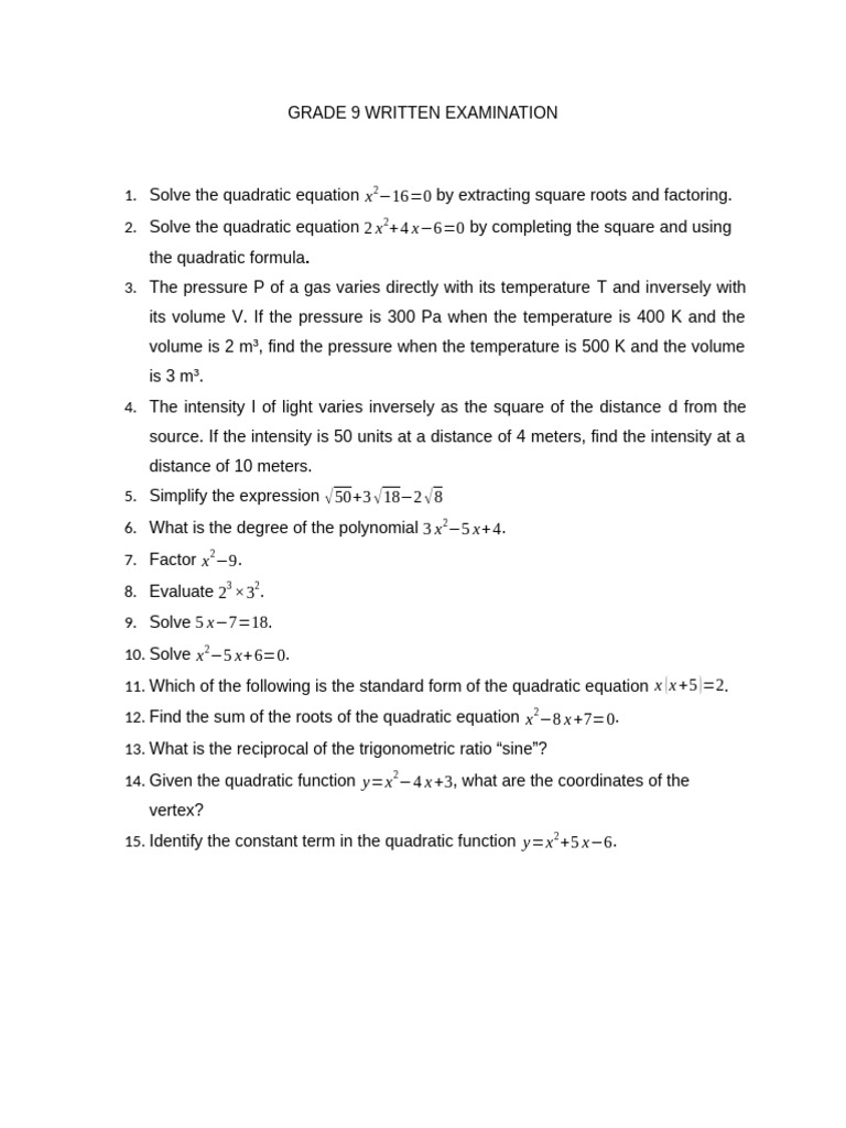 Grade 9 Math Exam Questions and Solutions | PDF