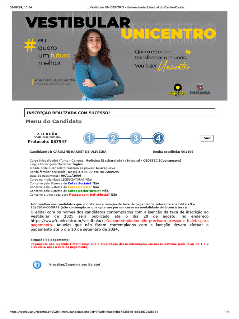 Inscrição Vestibular Medicina UNICENTRO | PDF