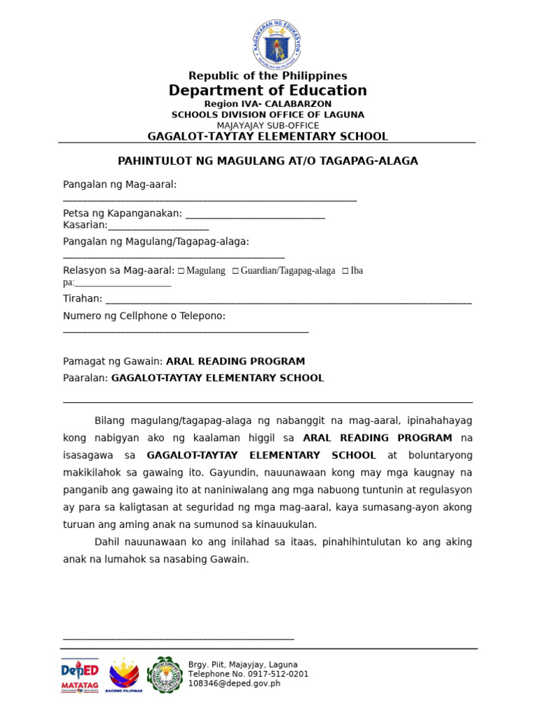 Aral Reading Program Parents Permit | PDF