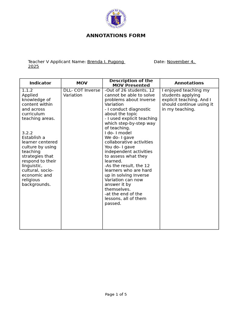 Teacher V Application Annotations Form | PDF | Learning | Teachers