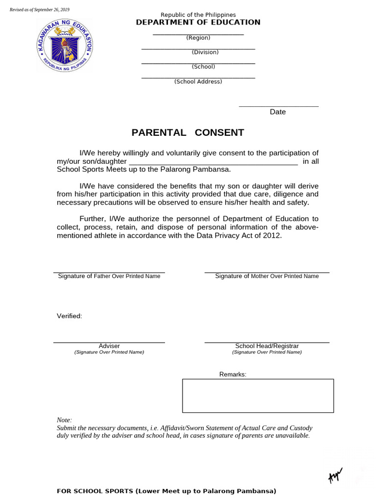 Parental Consent for School Sports Participation | PDF